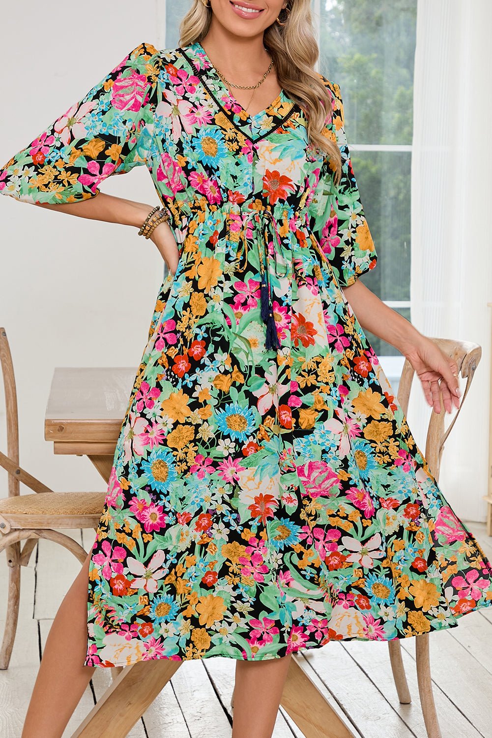 Green Boho Floral Puff Sleeve V Neck Tassel Drawstring Midi Dress - MAD RUFFI