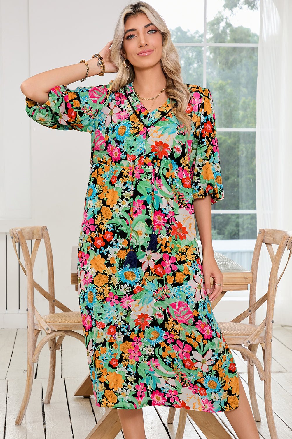 Green Boho Floral Puff Sleeve V Neck Tassel Drawstring Midi Dress - MAD RUFFI