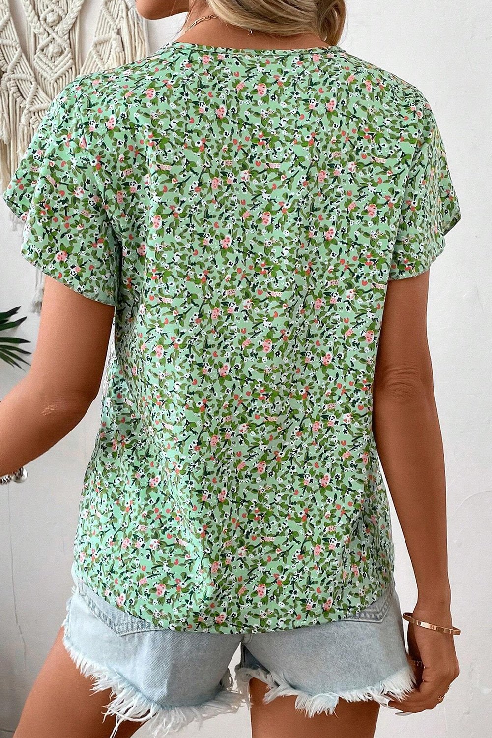 Green Boho Floral V Neck Short Sleeve Blouse - MAD RUFFI