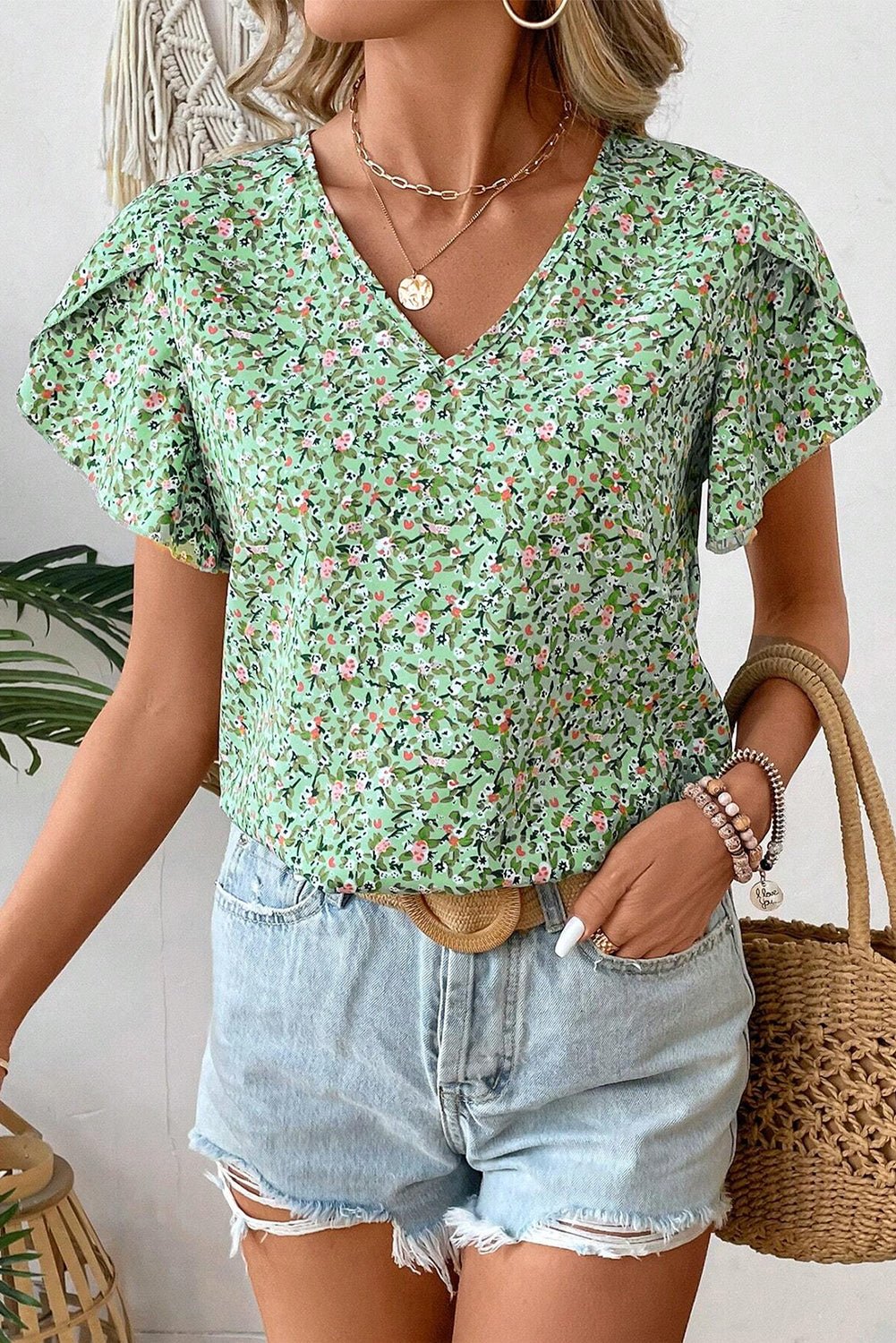 Green Boho Floral V Neck Short Sleeve Blouse - MAD RUFFI