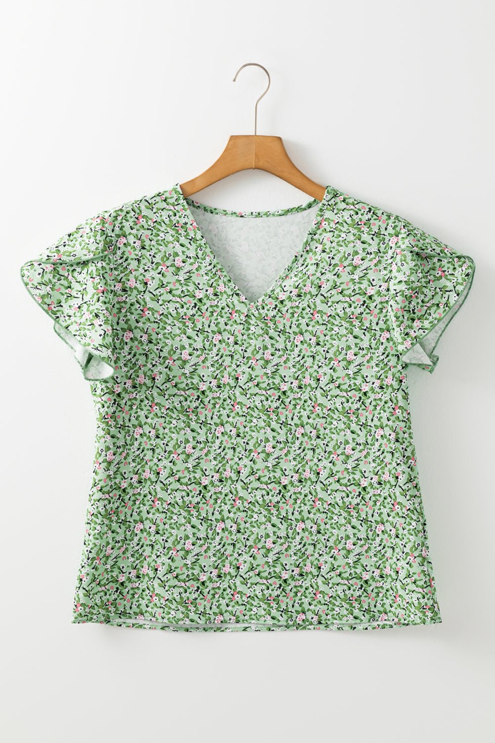 Green Boho Floral V Neck Short Sleeve Blouse - MAD RUFFI