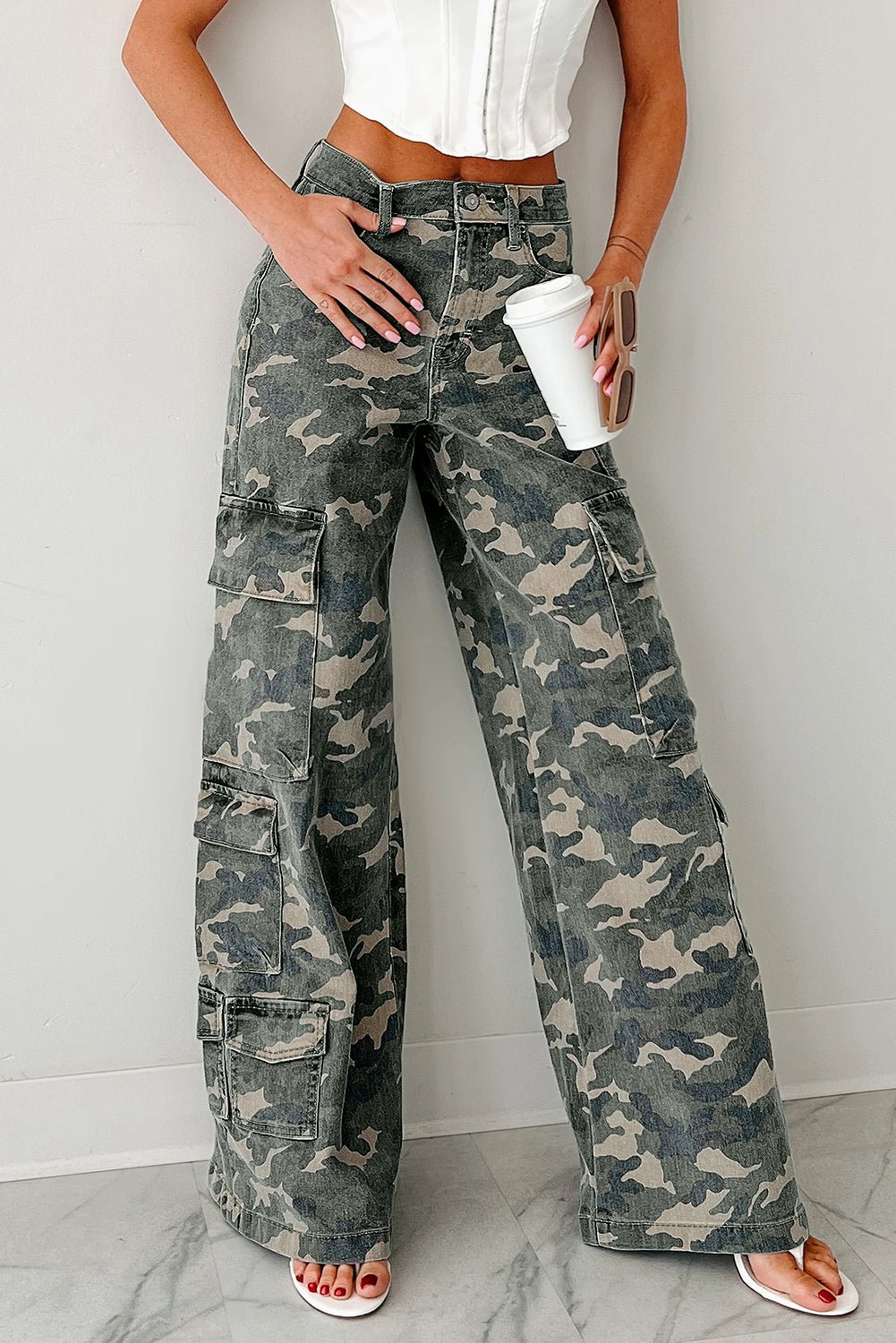 Green Camo Multi Pocket Cargo Wide Leg Jeans - MAD RUFFI