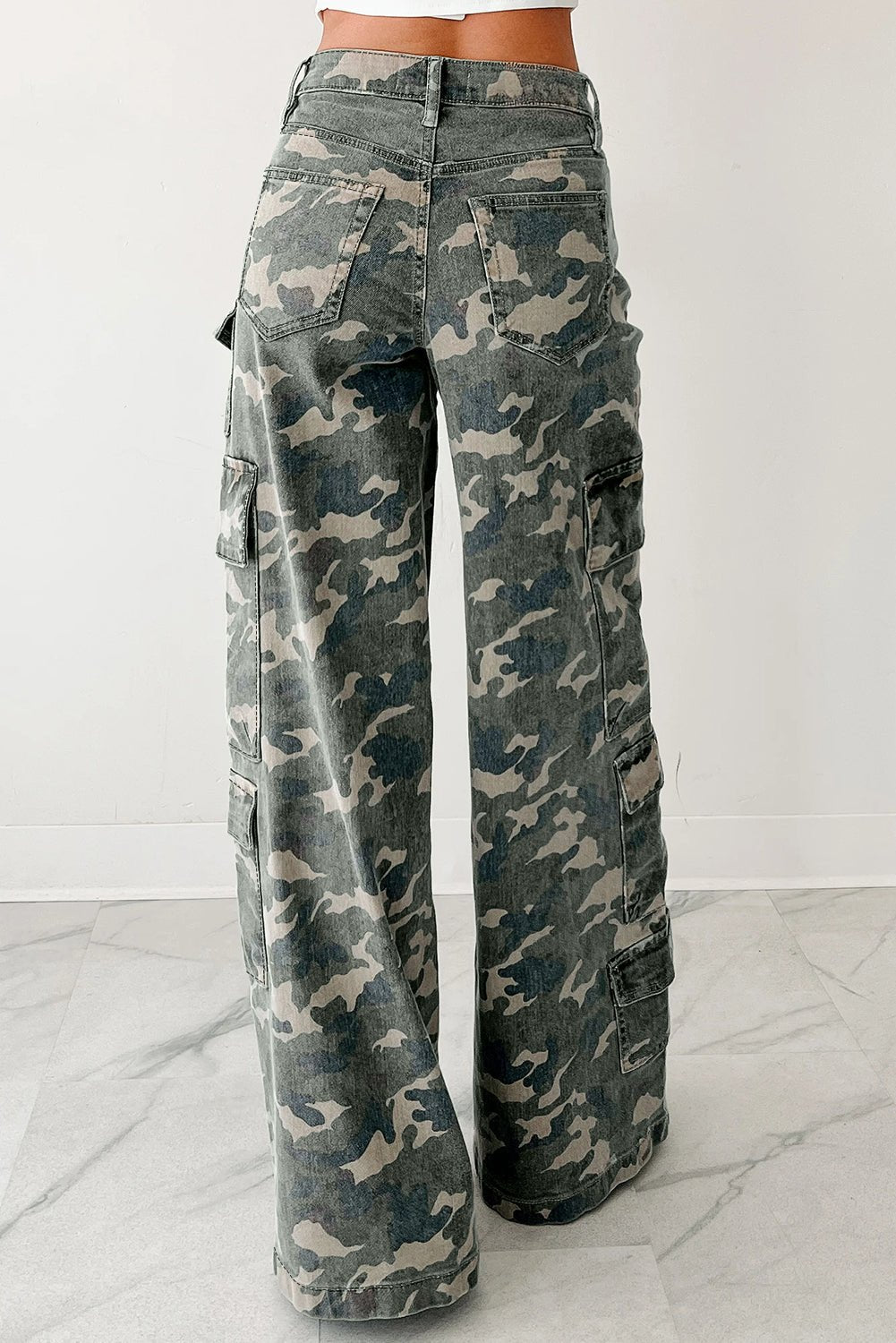 Green Camo Multi Pocket Cargo Wide Leg Jeans - MAD RUFFI