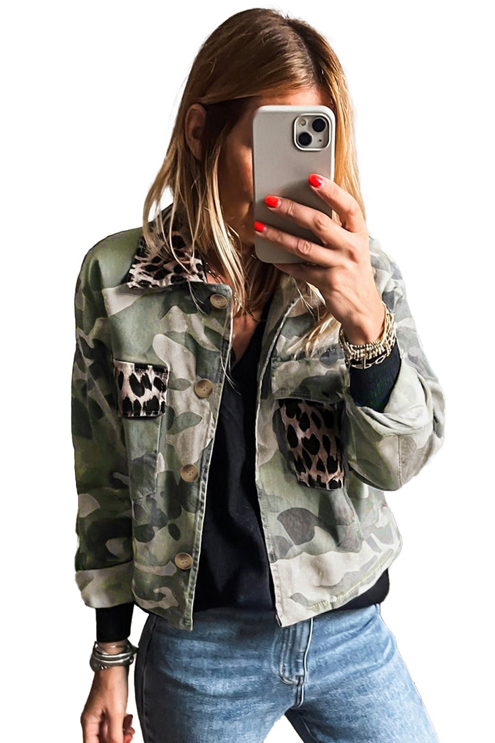 Green Camouflage Leopard Patchwork Flap Pocket Collared Jacket - MAD RUFFI