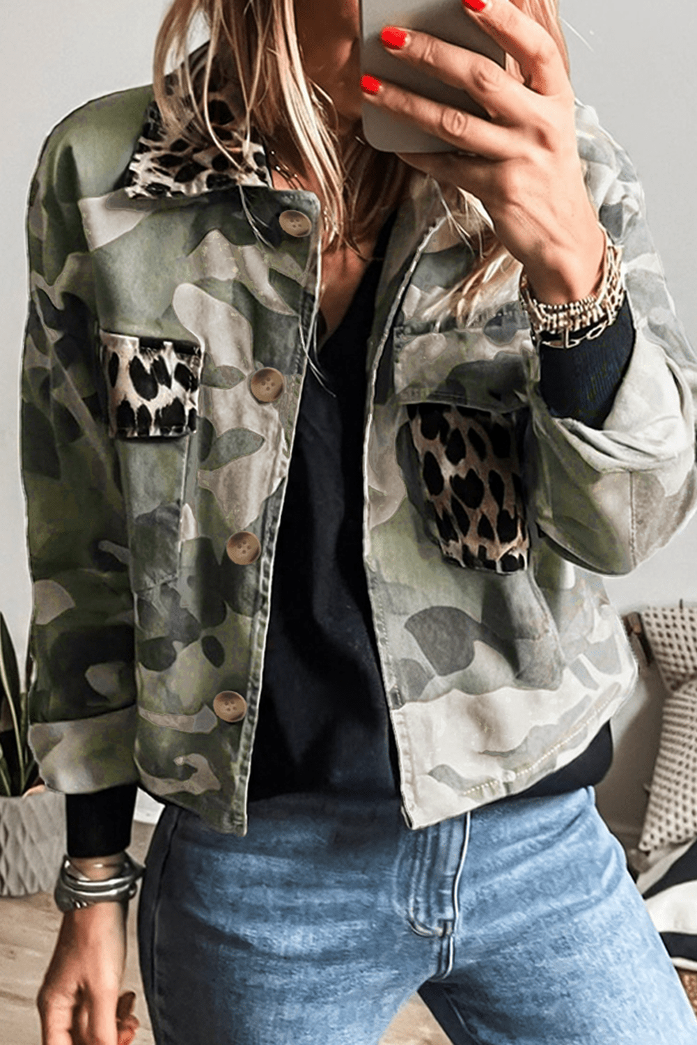 Green Camouflage Leopard Patchwork Flap Pocket Collared Jacket - MAD RUFFI