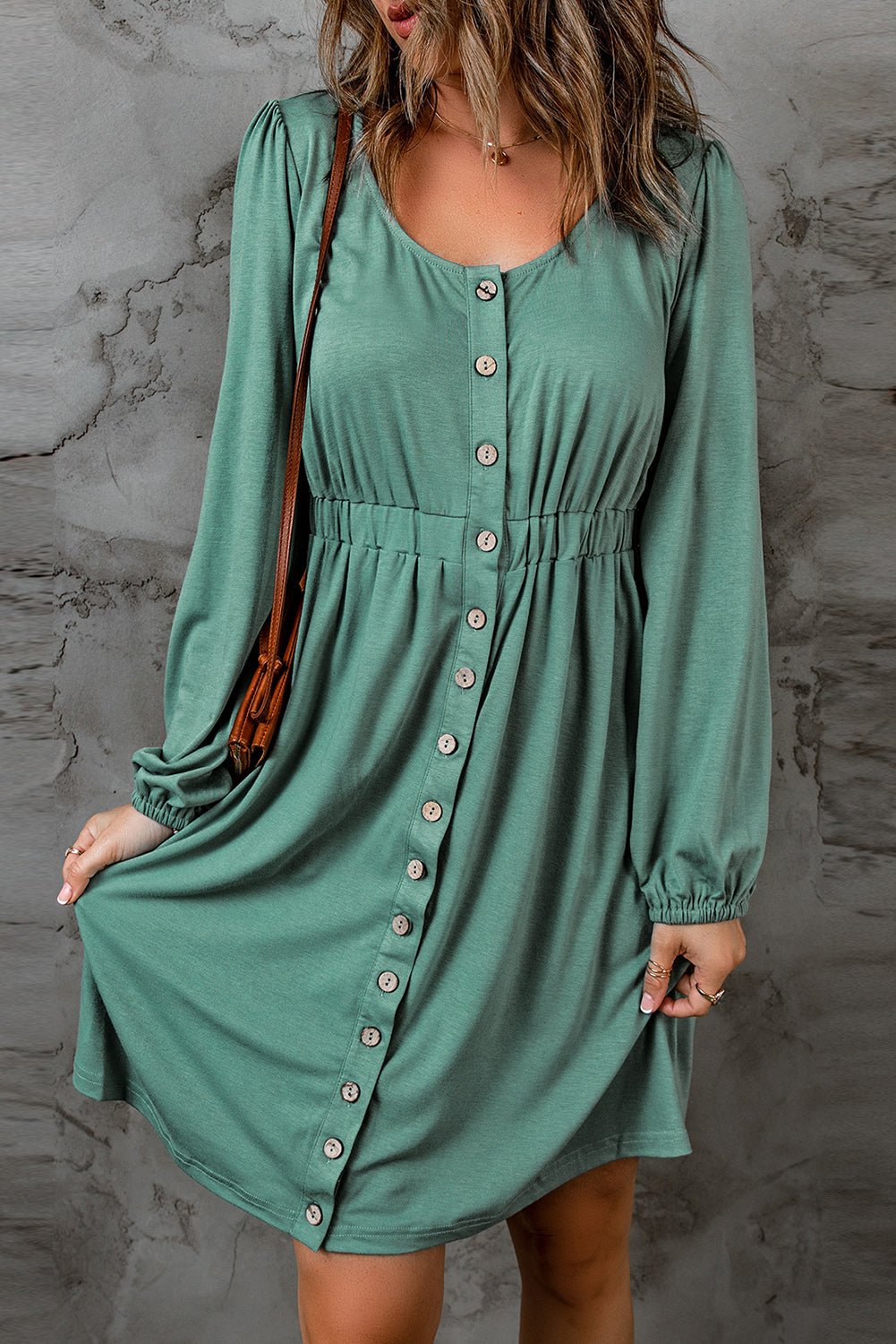 Green Casual Button Up Ruched Waist Short Dress - MAD RUFFI