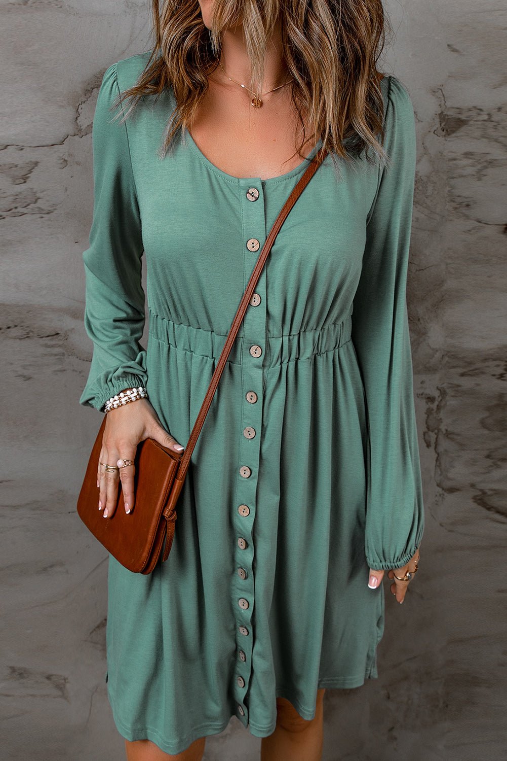 Green Casual Button Up Ruched Waist Short Dress - MAD RUFFI