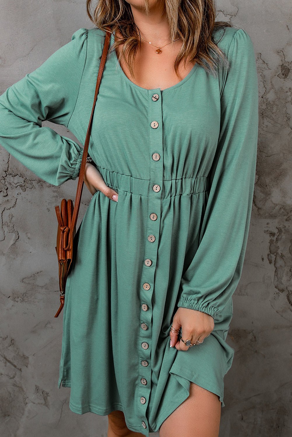 Green Casual Button Up Ruched Waist Short Dress - MAD RUFFI