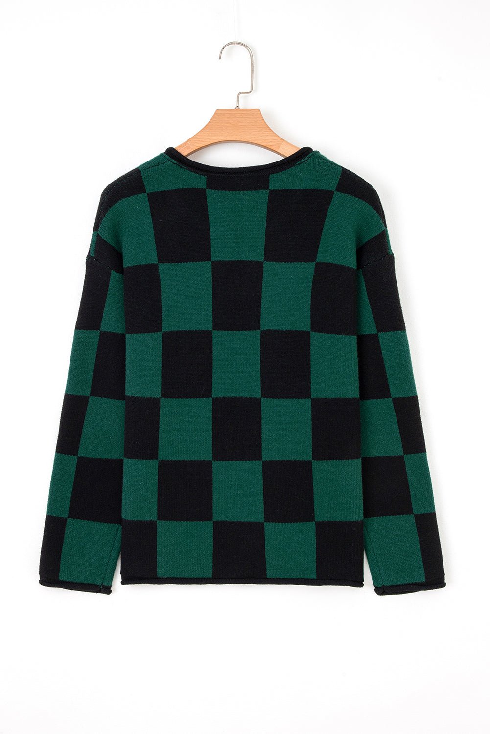 Green Checked Notched Neckline Drop Shoulder Knit Sweater - MAD RUFFI