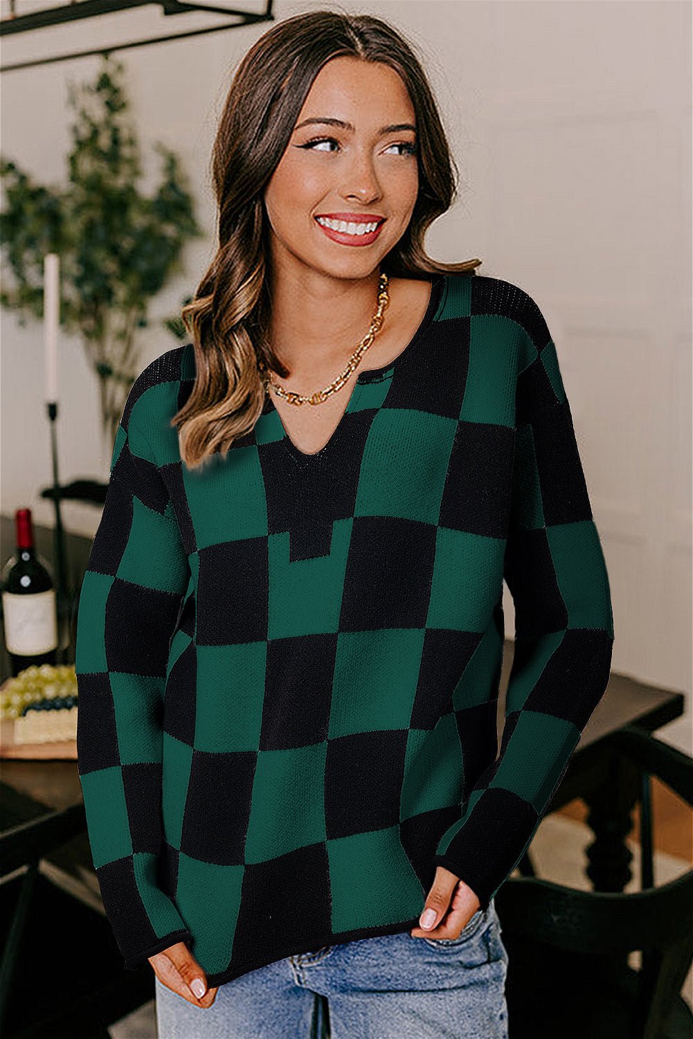 Green Checked Notched Neckline Drop Shoulder Knit Sweater - MAD RUFFI