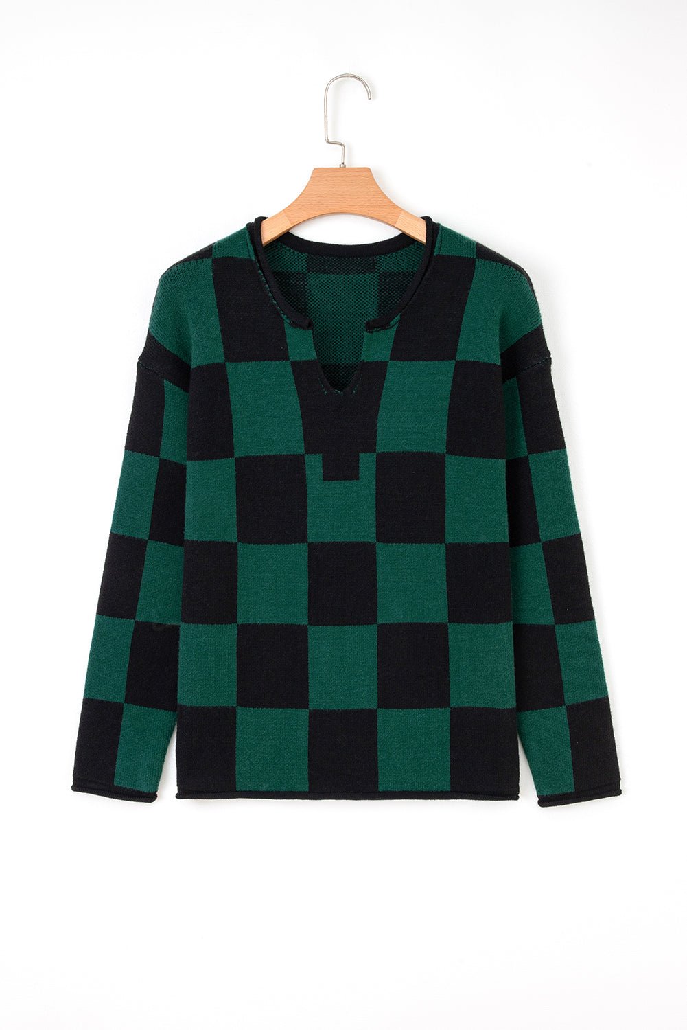 Green Checked Notched Neckline Drop Shoulder Knit Sweater - MAD RUFFI