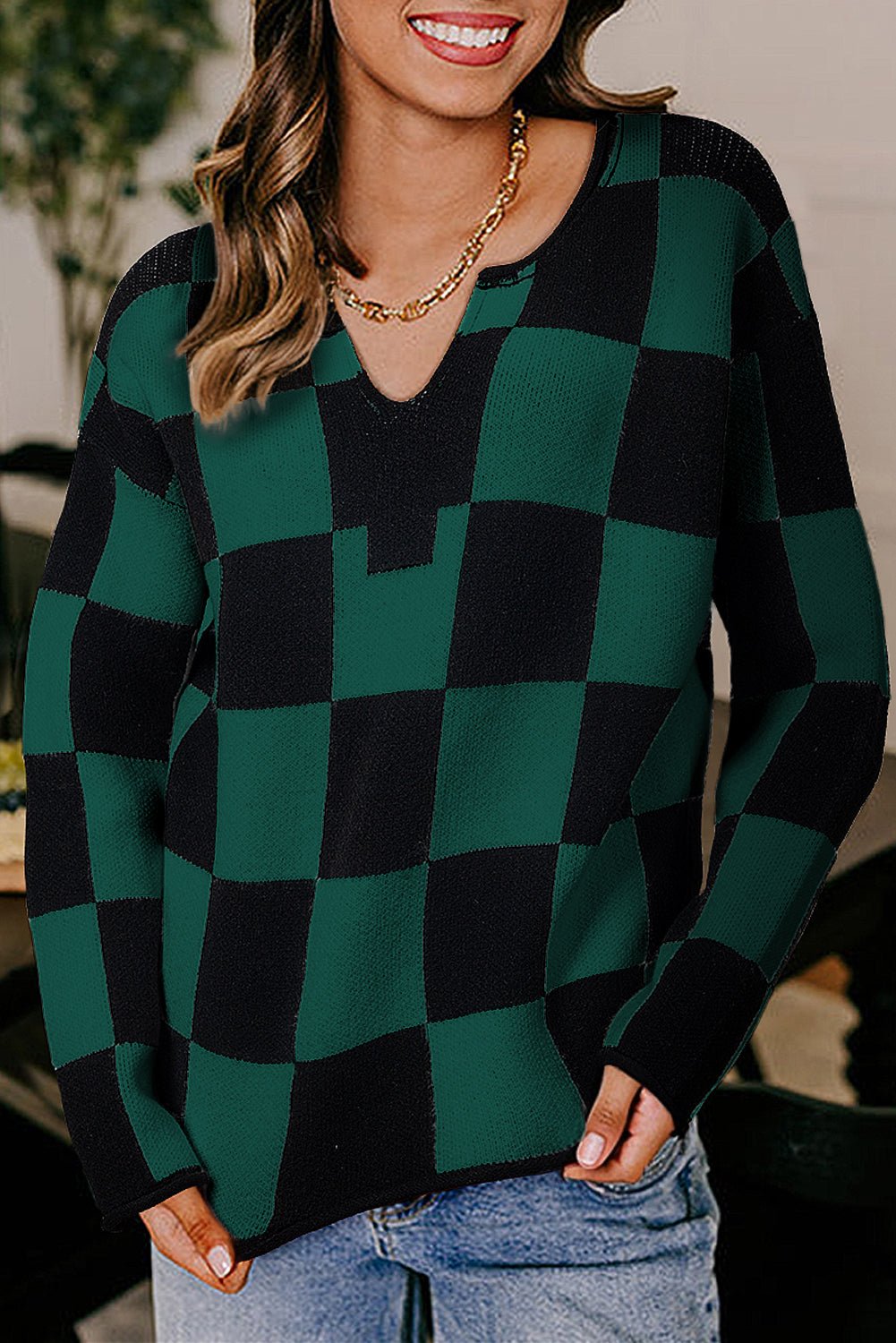 Green Checked Notched Neckline Drop Shoulder Knit Sweater - MAD RUFFI