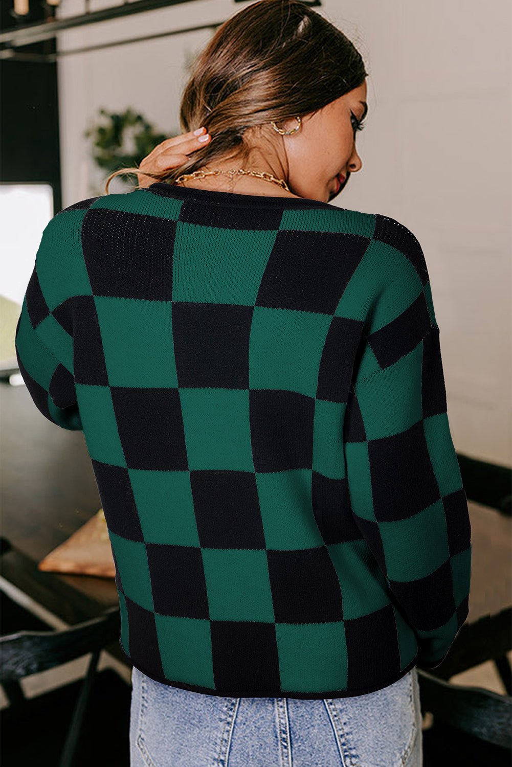 Green Checked Notched Neckline Drop Shoulder Knit Sweater - MAD RUFFI