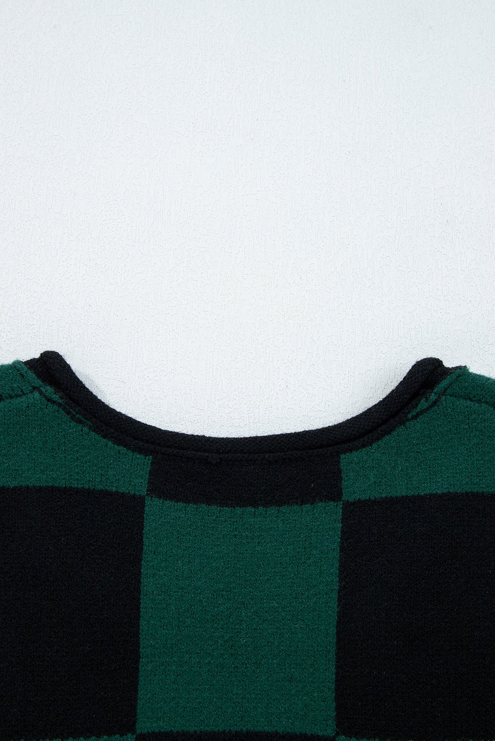Green Checked Notched Neckline Drop Shoulder Knit Sweater - MAD RUFFI