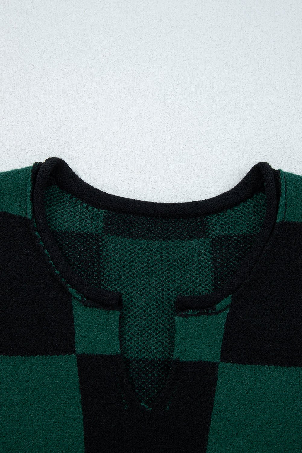 Green Checked Notched Neckline Drop Shoulder Knit Sweater - MAD RUFFI