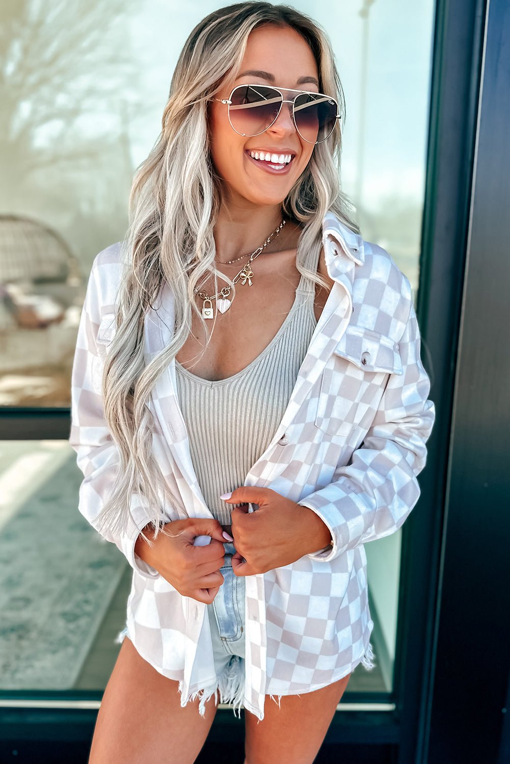 Green Checkerboard Flap Pocket Button Front Shacket - MAD RUFFI