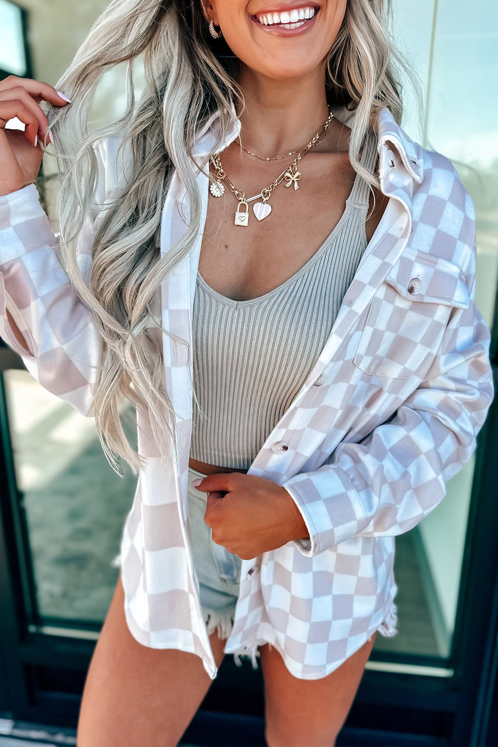 Green Checkerboard Flap Pocket Button Front Shacket - MAD RUFFI