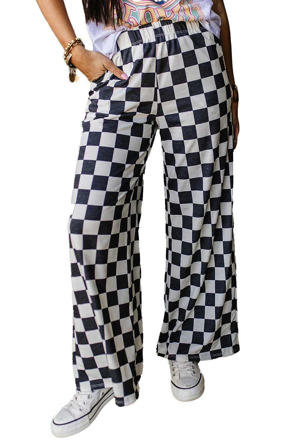 Green Checkered Print High Waist Wide Leg Pants - MAD RUFFI