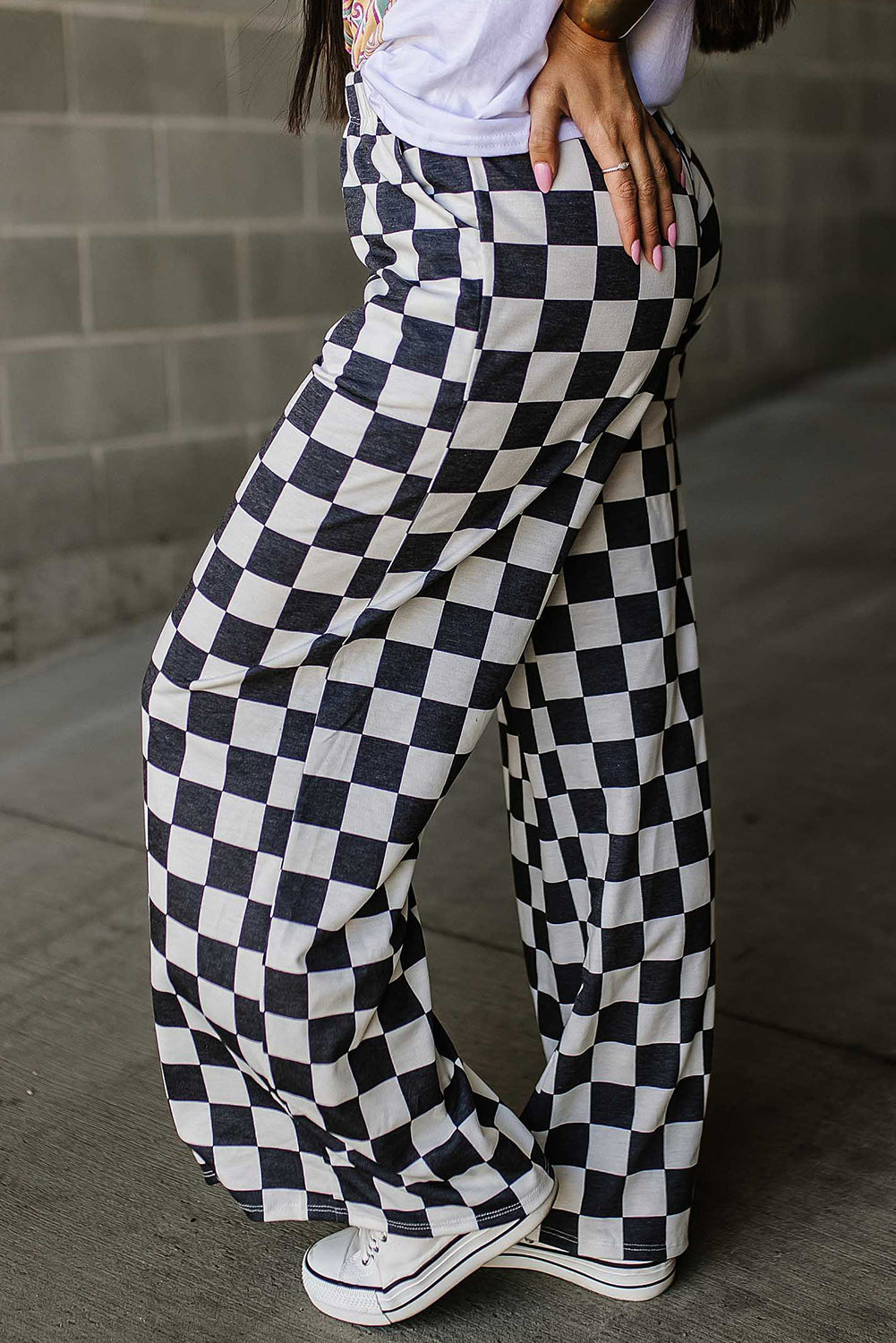 Green Checkered Print High Waist Wide Leg Pants - MAD RUFFI