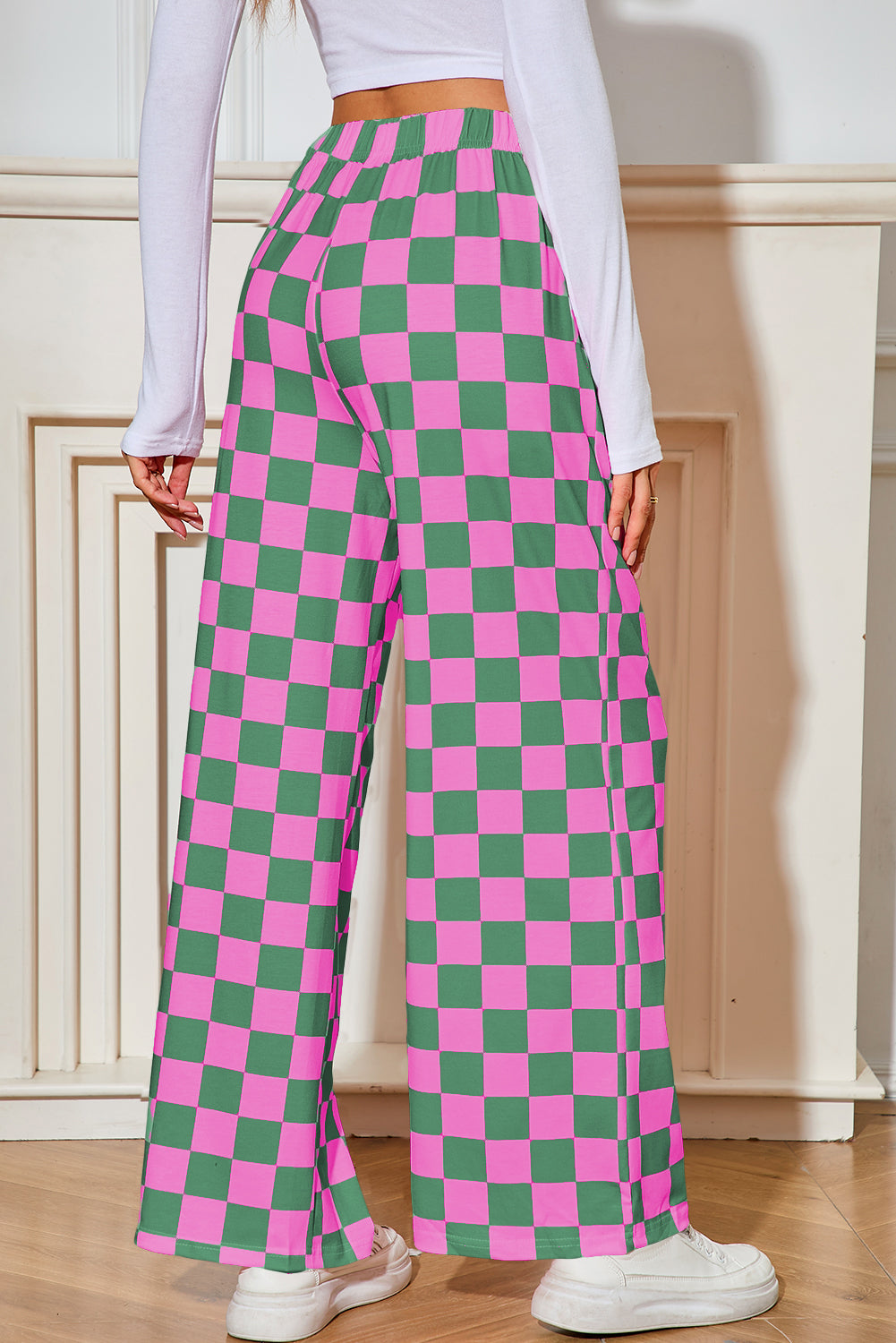 Green Checkered Print High Waist Wide Leg Pants - MAD RUFFI