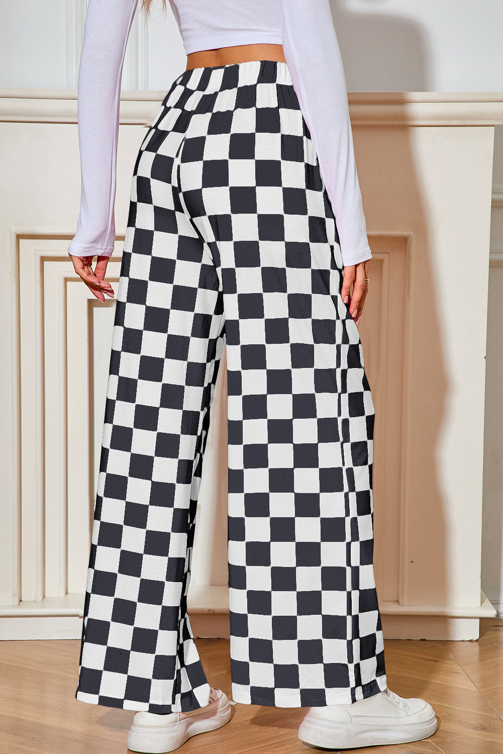 Green Checkered Print High Waist Wide Leg Pants - MAD RUFFI