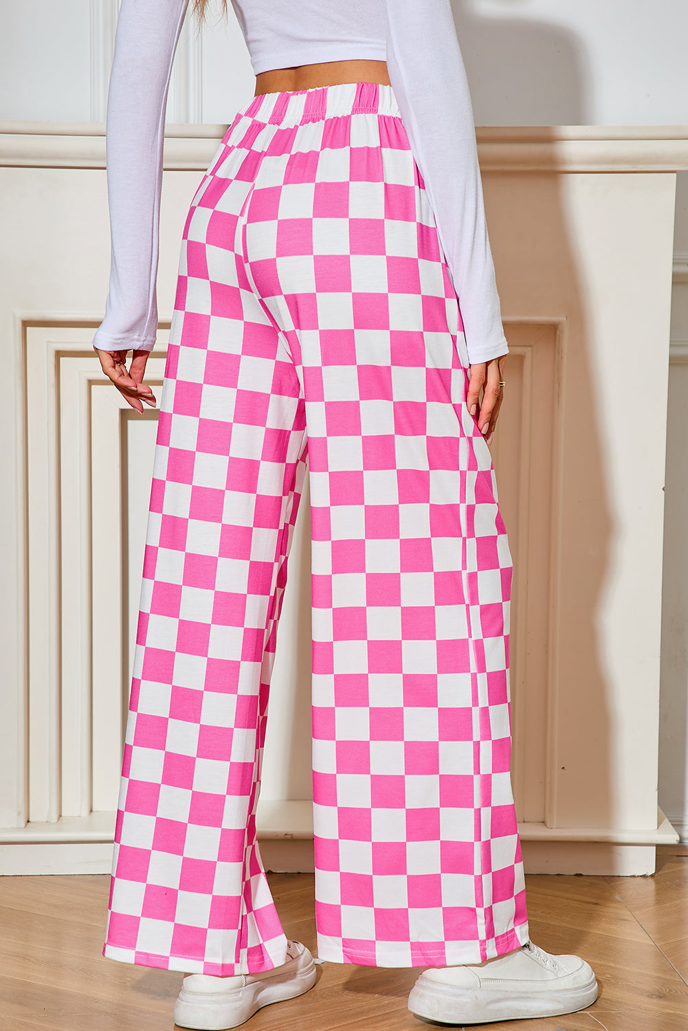 Green Checkered Print High Waist Wide Leg Pants - MAD RUFFI