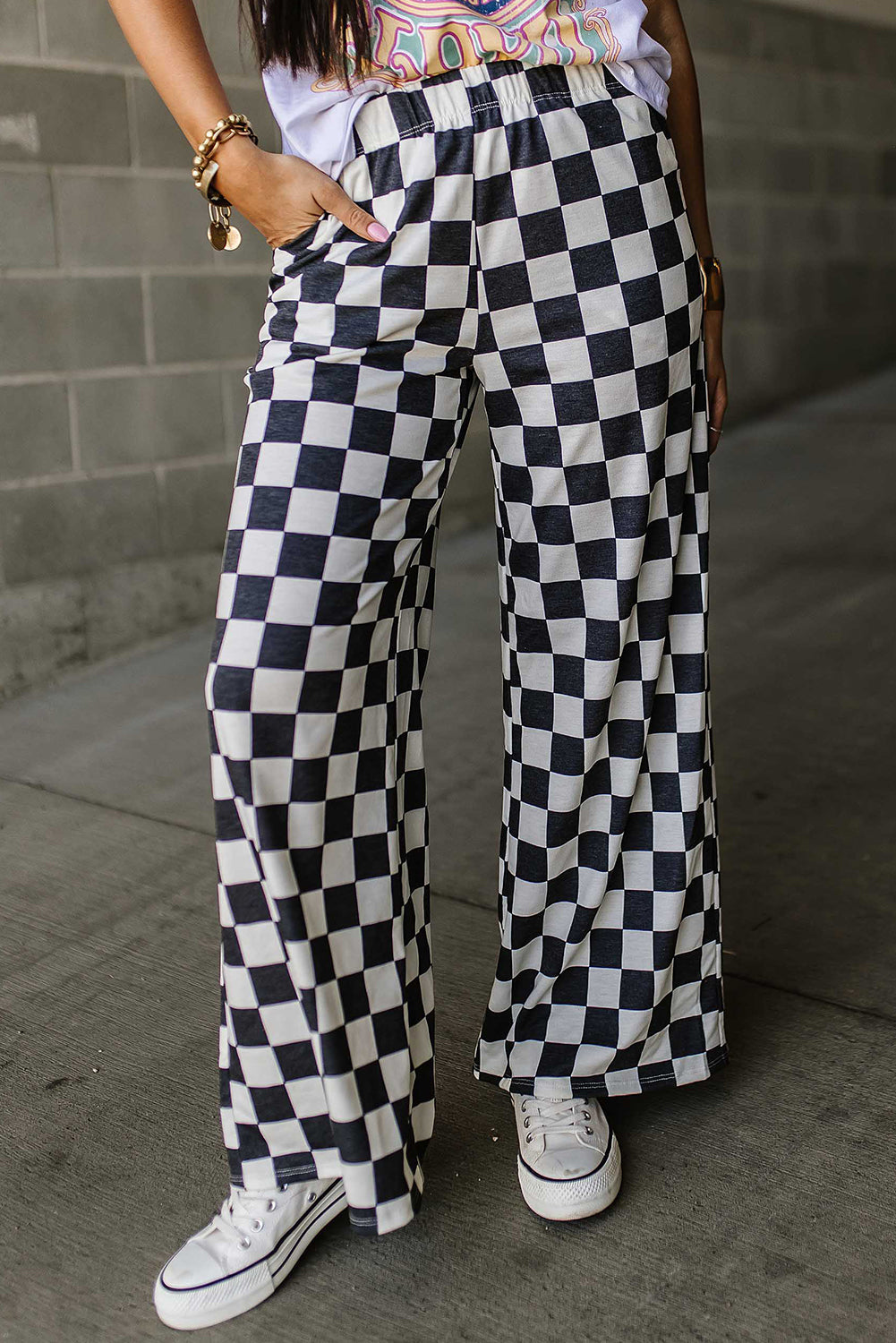 Green Checkered Print High Waist Wide Leg Pants - MAD RUFFI