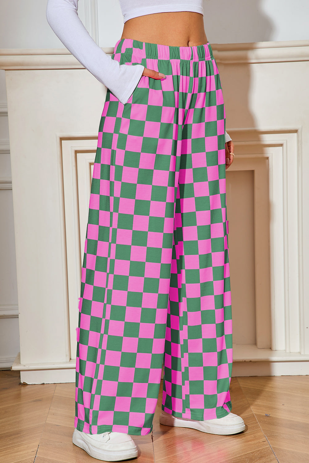 Green Checkered Print High Waist Wide Leg Pants - MAD RUFFI