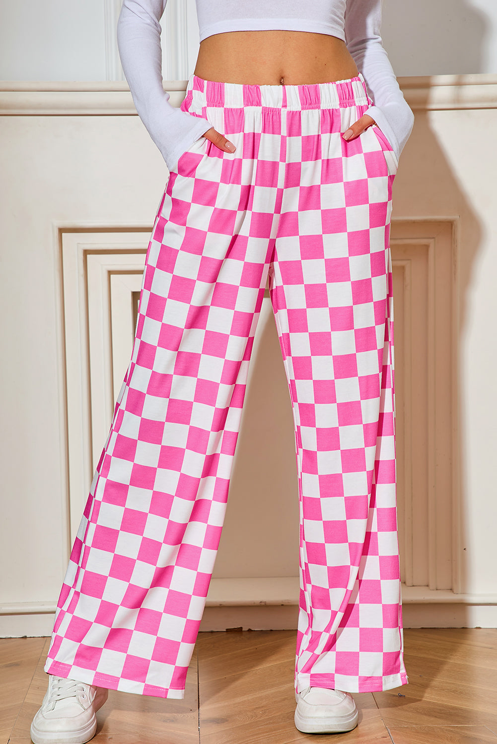 Green Checkered Print High Waist Wide Leg Pants - MAD RUFFI