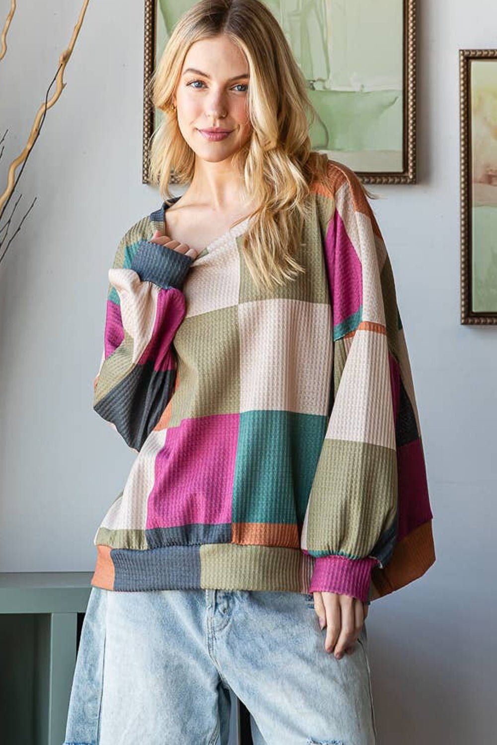 Green Checkered Print Textured Knit Long Sleeve Loose Top - MAD RUFFI