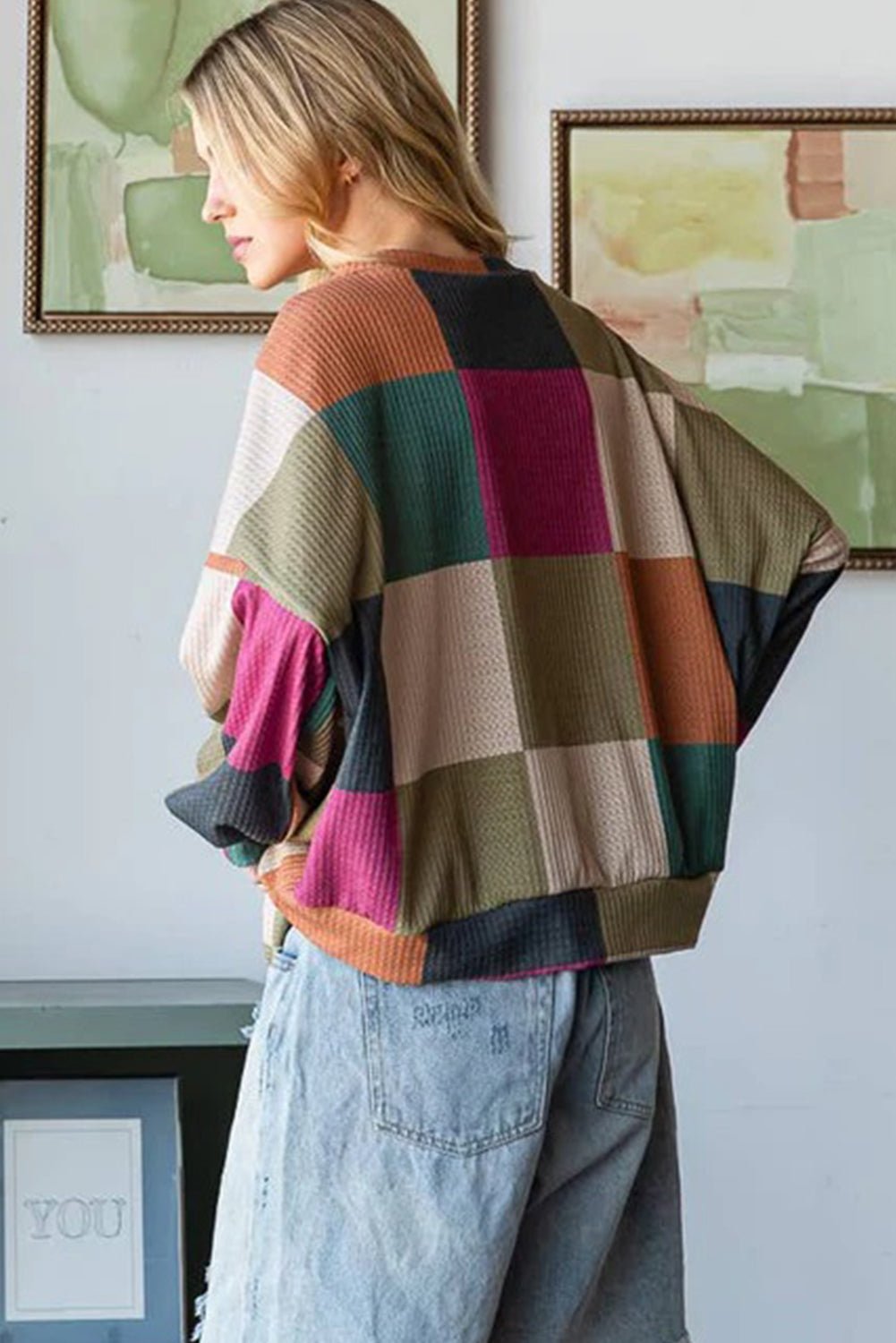 Green Checkered Print Textured Knit Long Sleeve Loose Top - MAD RUFFI