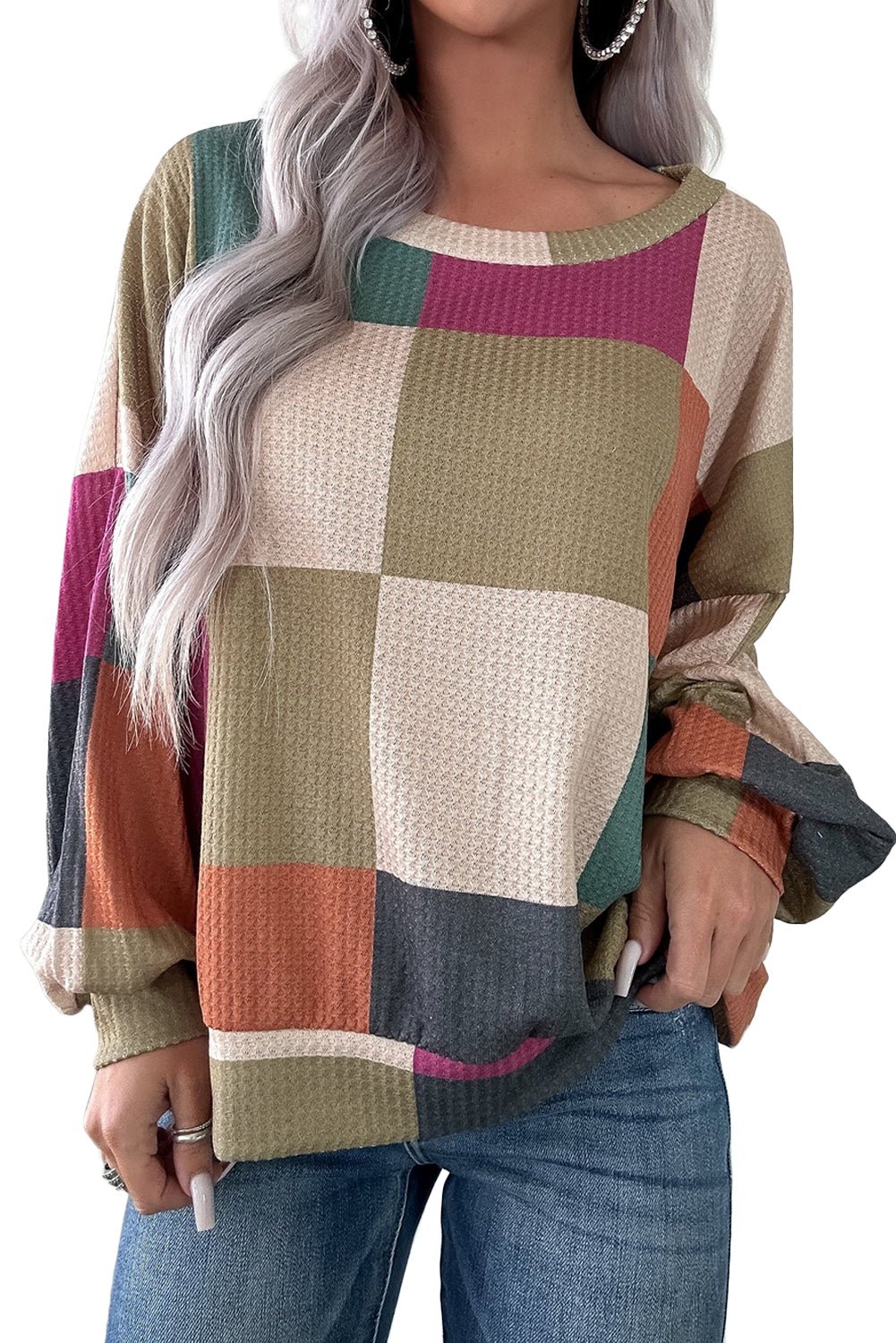 Green Checkered Print Textured Knit Long Sleeve Loose Top - MAD RUFFI