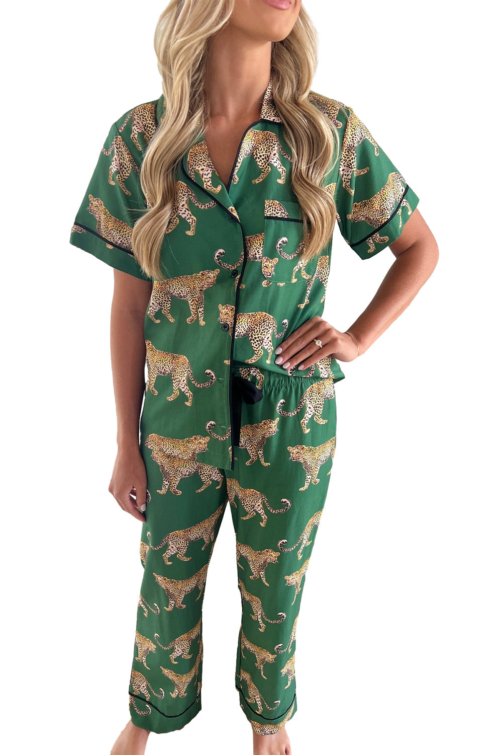 Green Cheetah Print Short Sleeve Shirt and Pants Pajama Set - MAD RUFFI