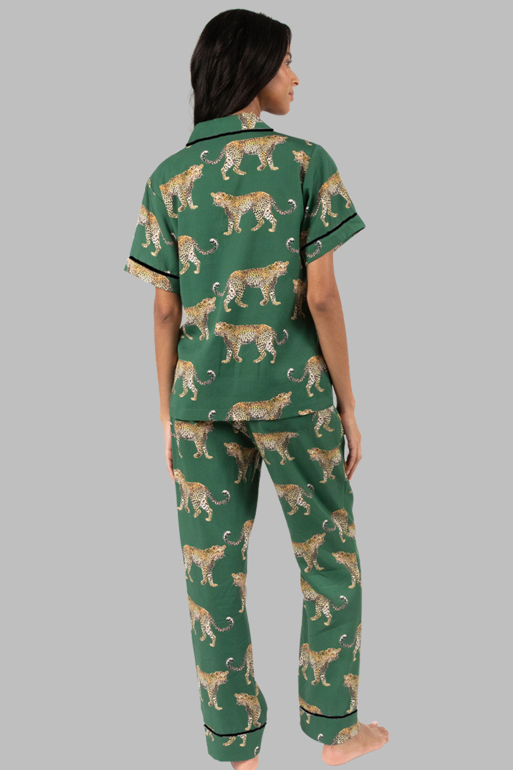 Green Cheetah Print Short Sleeve Shirt and Pants Pajama Set - MAD RUFFI