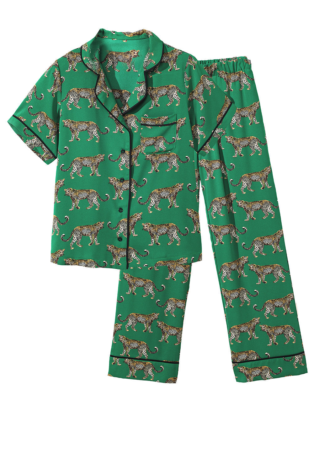 Green Cheetah Print Short Sleeve Shirt and Pants Pajama Set - MAD RUFFI