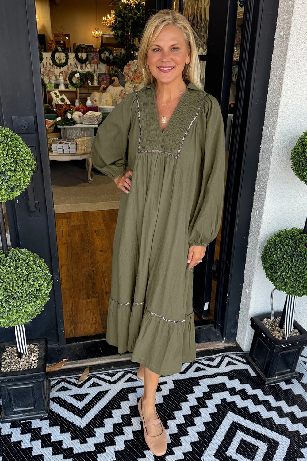 Green Collared V Neck Smocked Detail Contrast Leopard Trim Long Dress - MAD RUFFI