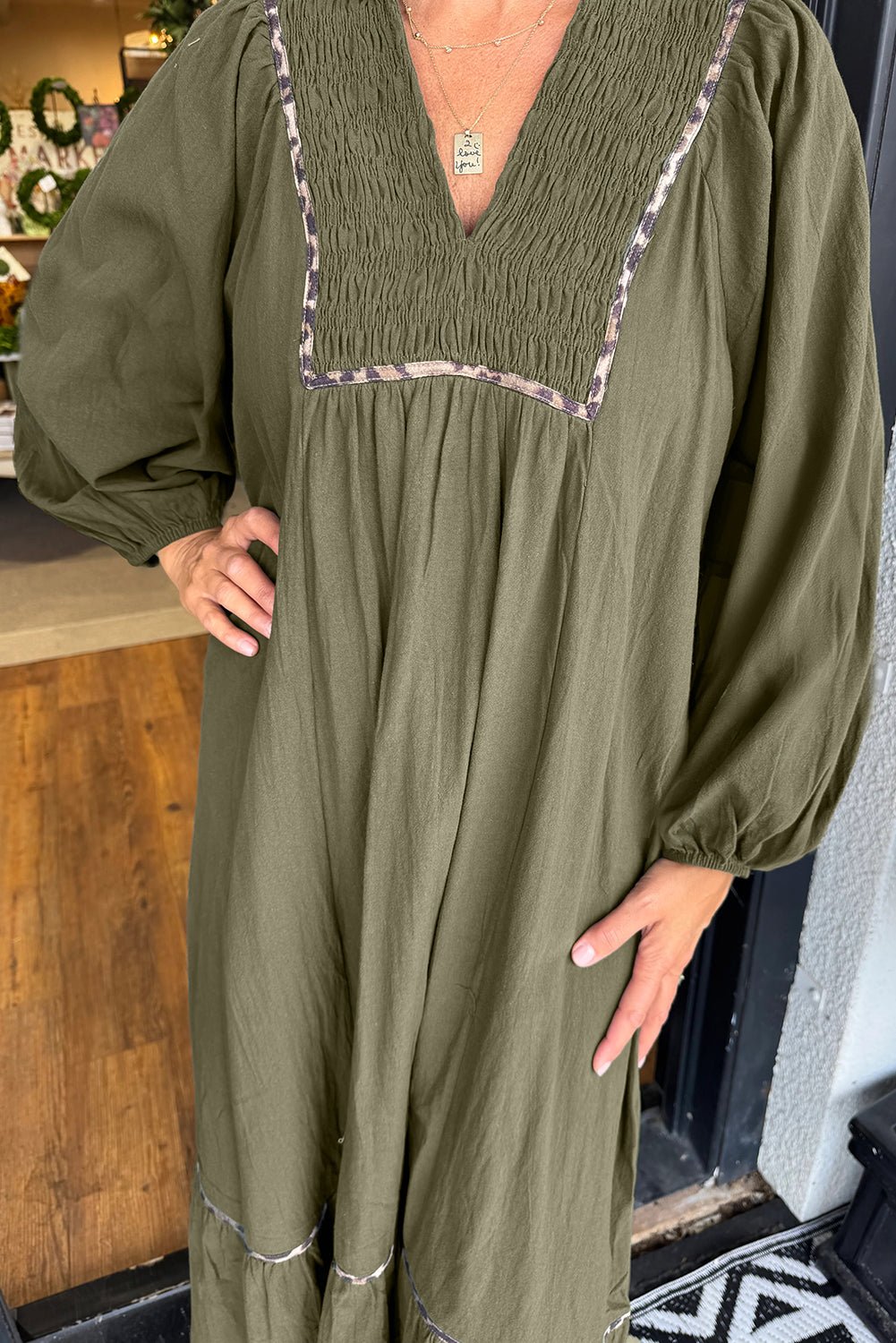 Green Collared V Neck Smocked Detail Contrast Leopard Trim Long Dress - MAD RUFFI