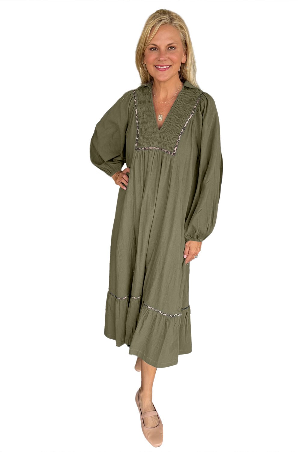 Green Collared V Neck Smocked Detail Contrast Leopard Trim Long Dress - MAD RUFFI