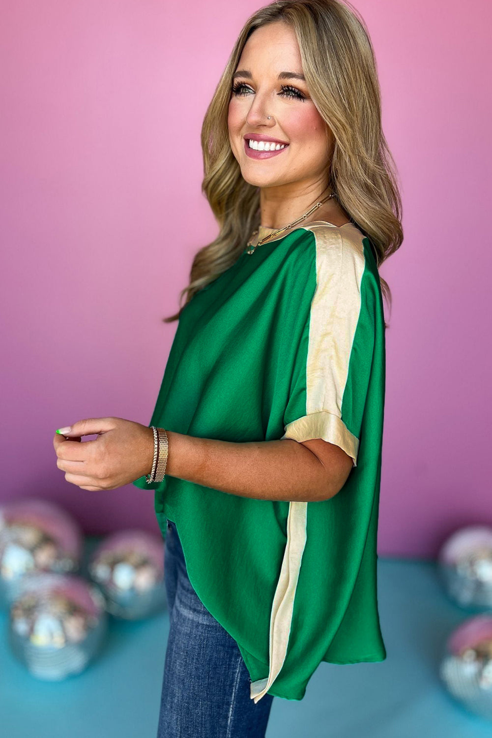 Green Colorblock Batwing Sleeve Boat Neck Blouse - Blouses