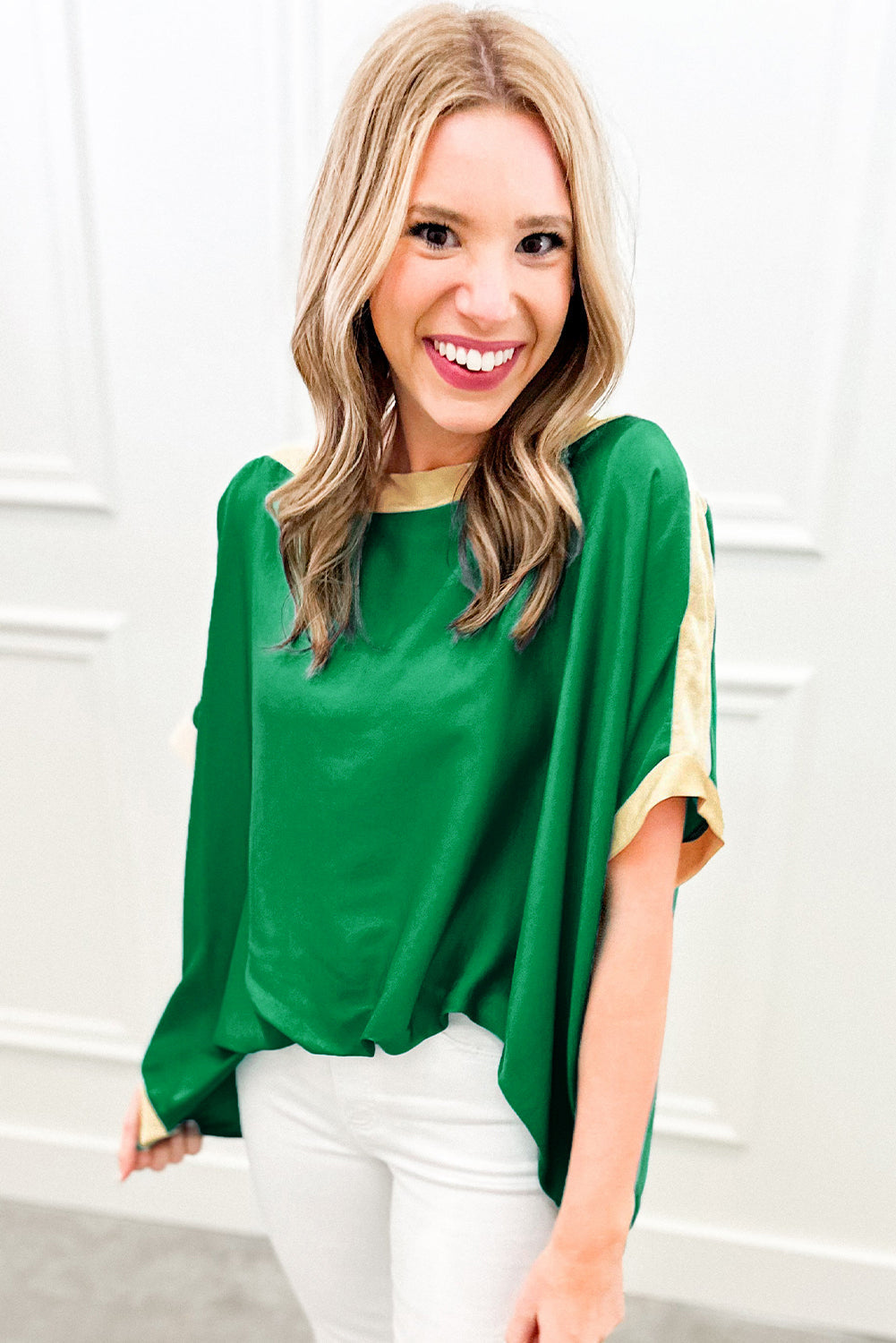 Green Colorblock Batwing Sleeve Boat Neck Blouse - Blouses