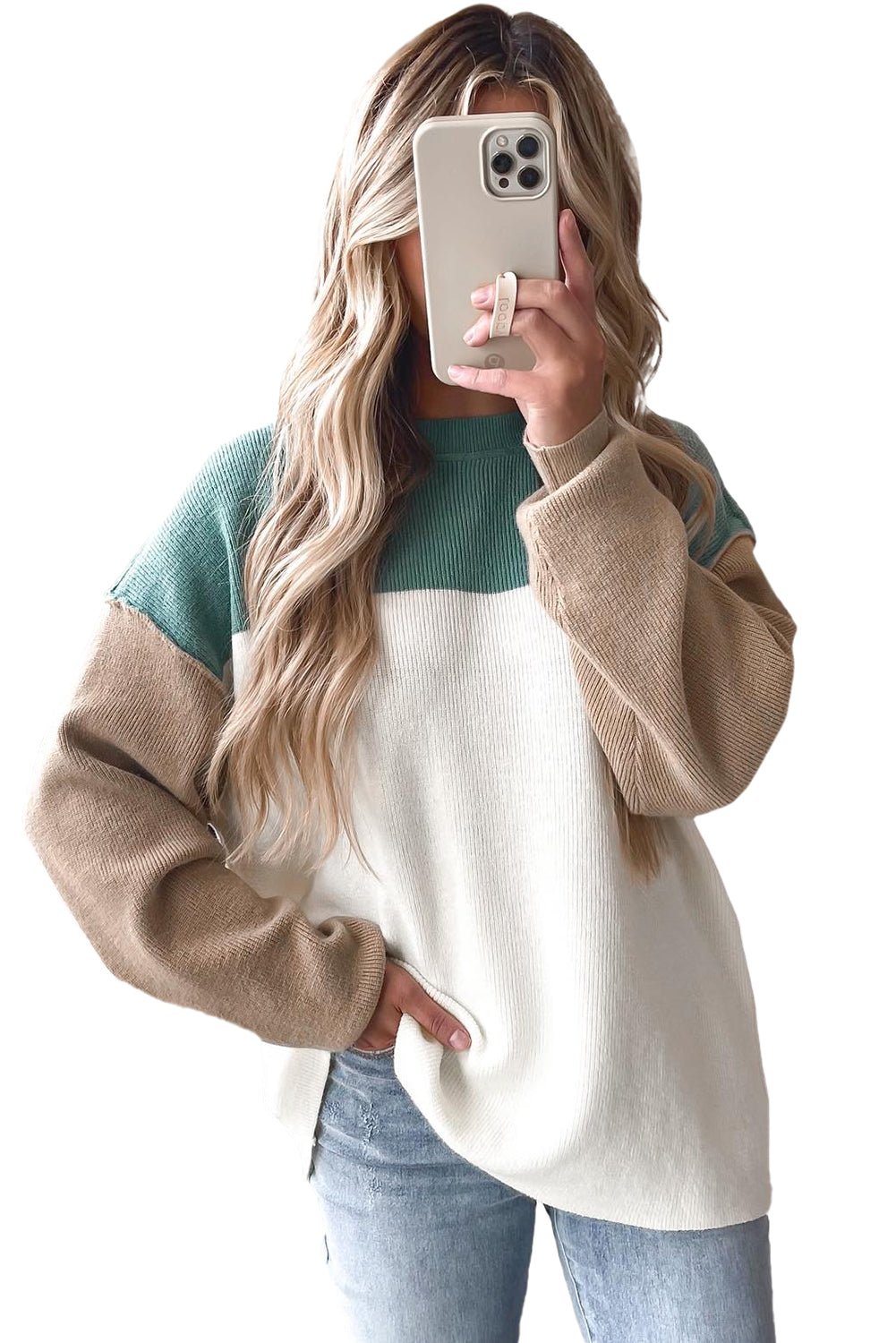 Green Colorblock Ribbed Knit Baggy Sweater - MAD RUFFI