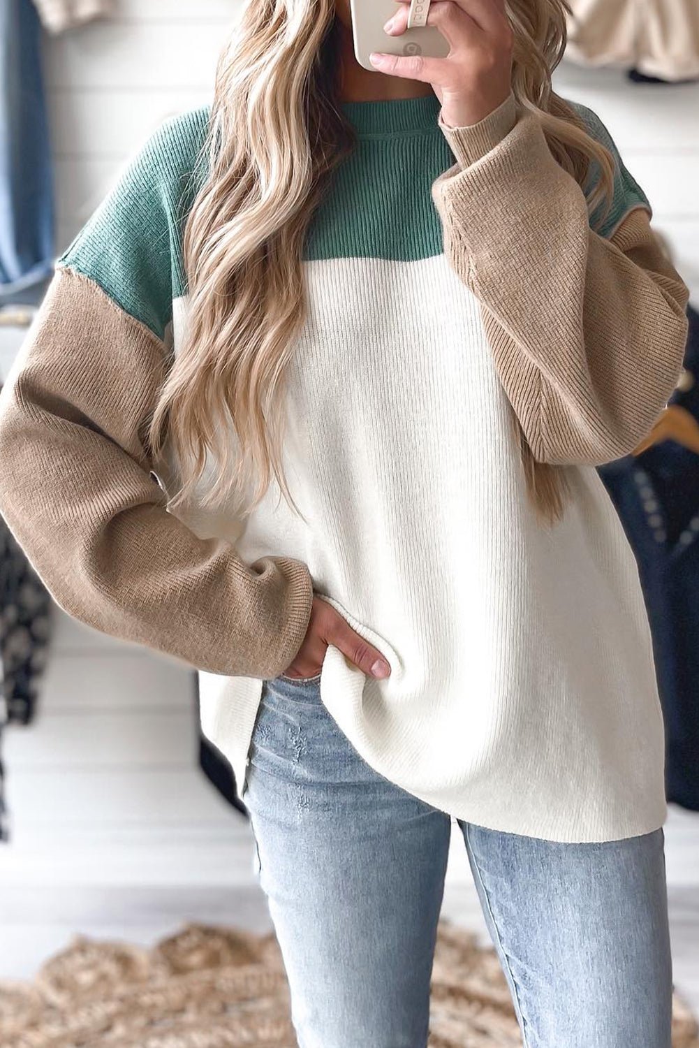 Green Colorblock Ribbed Knit Baggy Sweater - MAD RUFFI