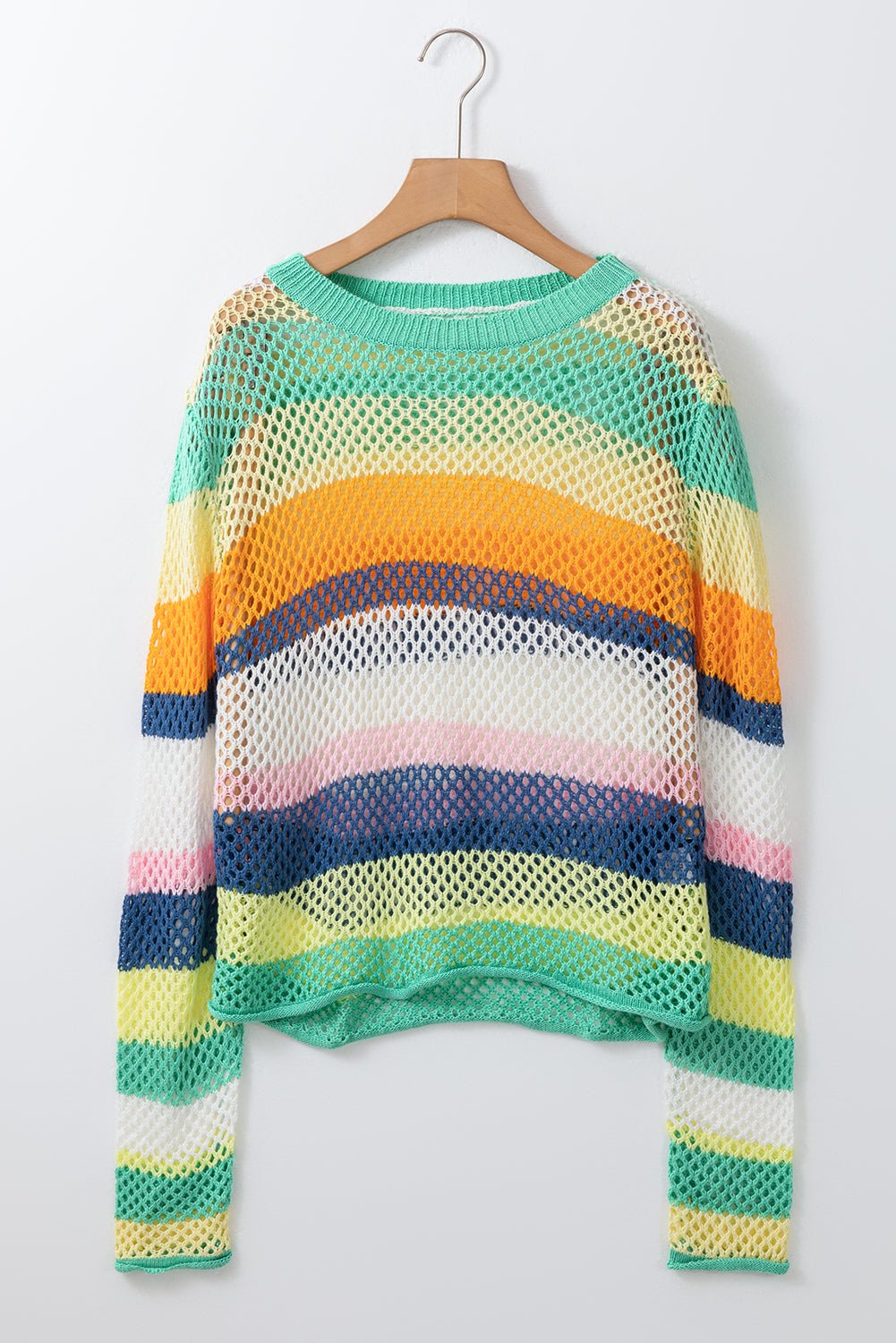 Green Colorblock Striped Hollow Knitted Top - MAD RUFFI