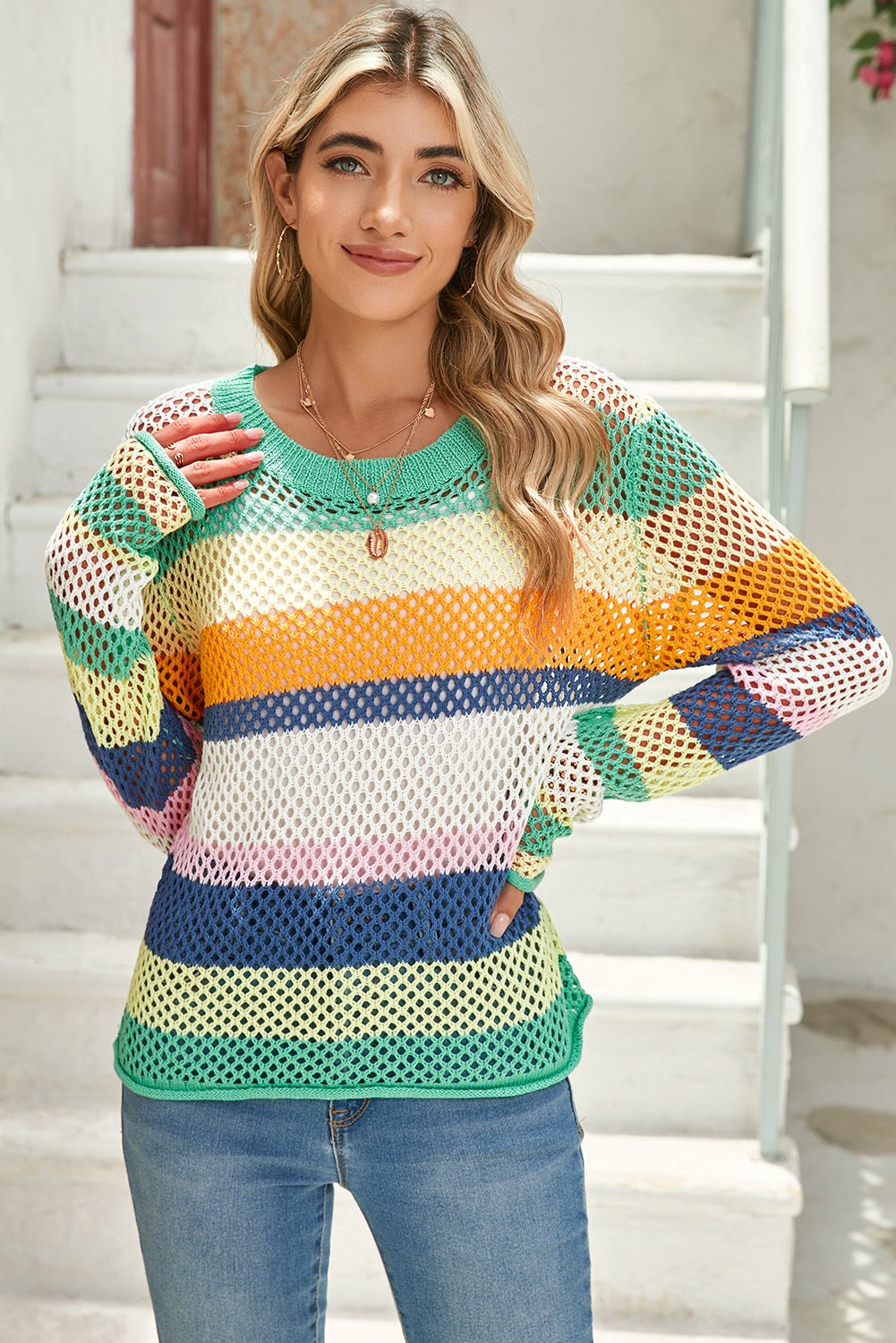 Green Colorblock Striped Hollow Knitted Top - MAD RUFFI
