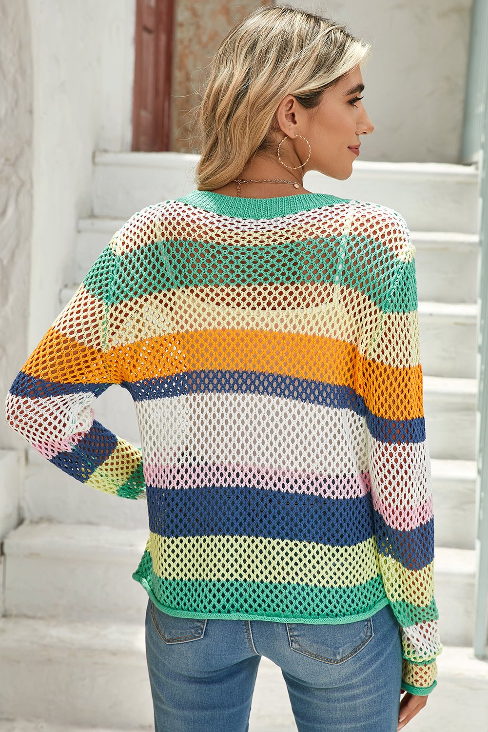 Green Colorblock Striped Hollow Knitted Top - MAD RUFFI