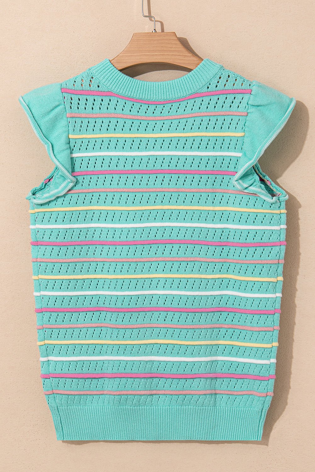 Green Colorful Striped Eyelet Knit Ruffle Top - MAD RUFFI