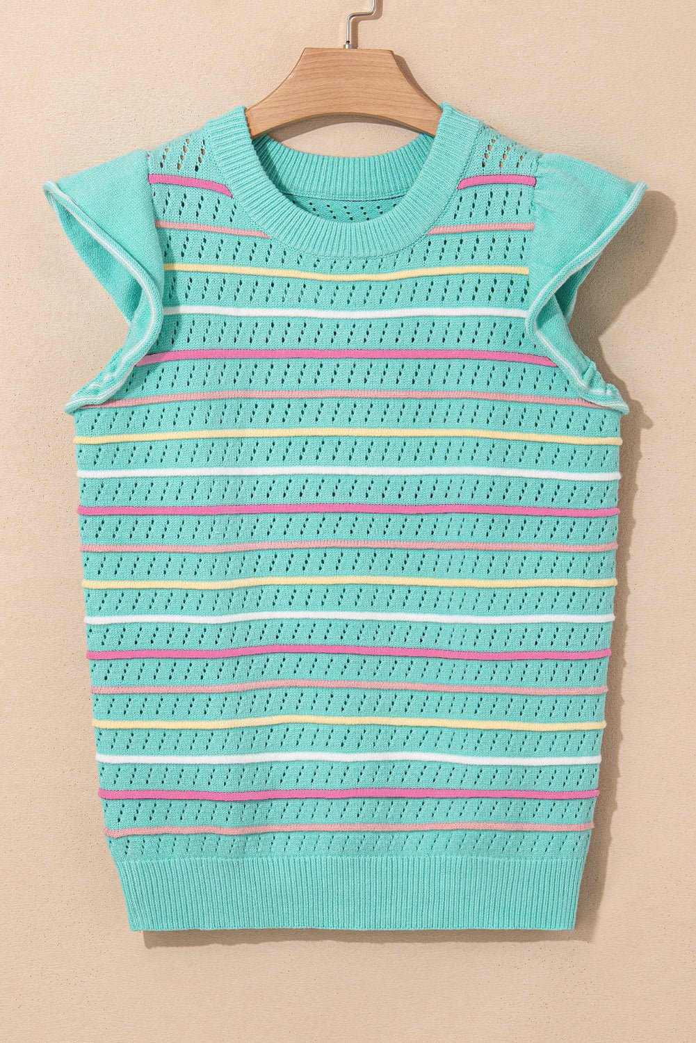 Green Colorful Striped Eyelet Knit Ruffle Top - MAD RUFFI