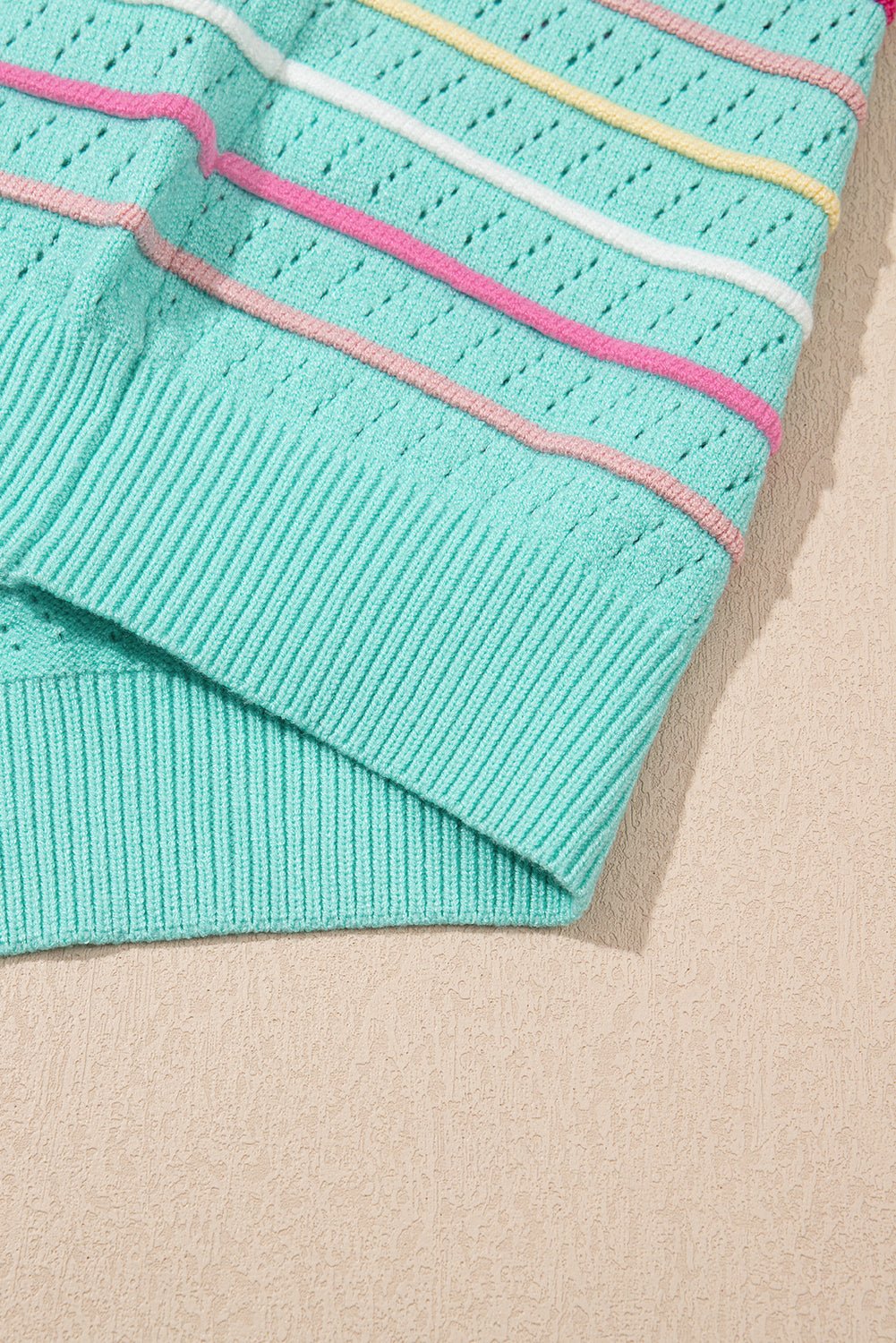 Green Colorful Striped Eyelet Knit Ruffle Top - MAD RUFFI