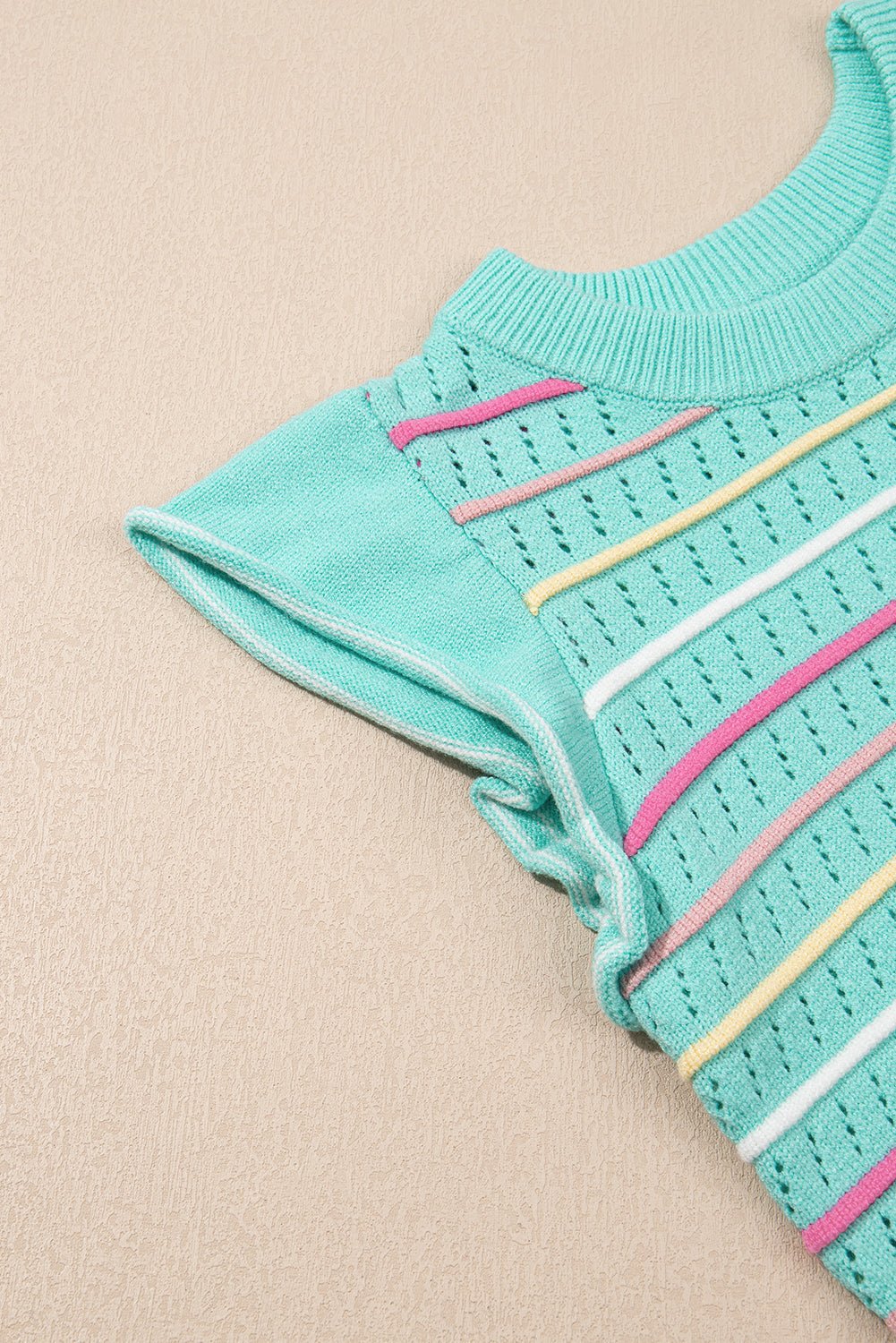 Green Colorful Striped Eyelet Knit Ruffle Top - MAD RUFFI