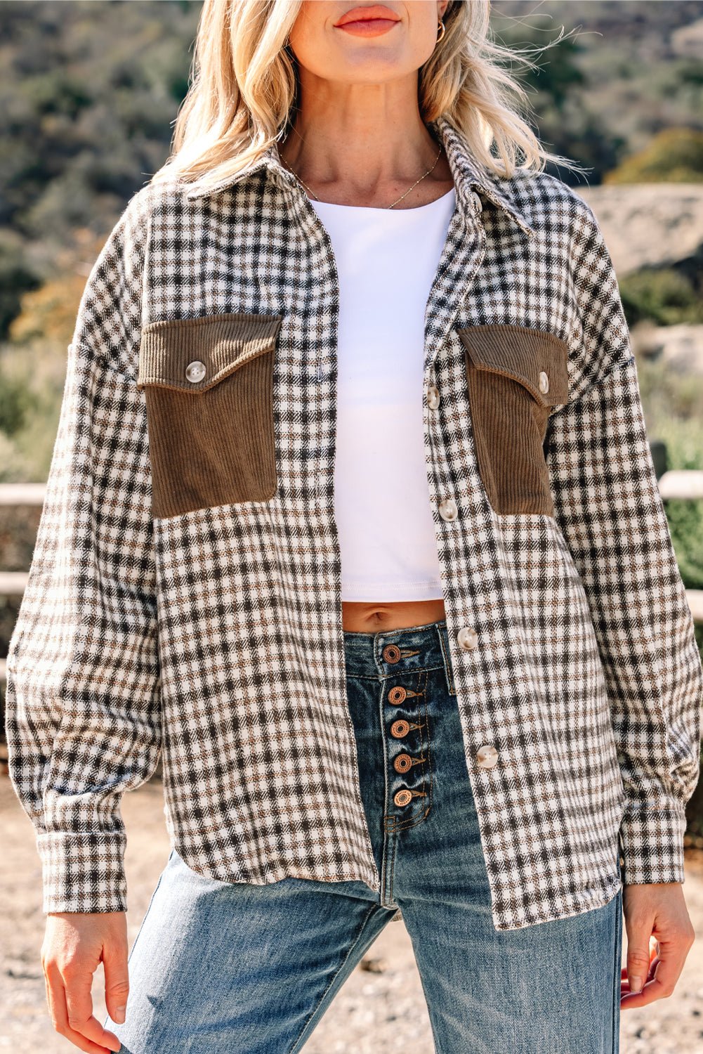 Green Contrast Corduroy Flap Pocket Patchwork Plaid Shacket - MAD RUFFI